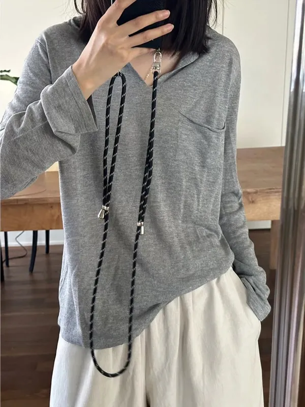 Minimalist Gray V-Neck Long Sleeve T-Shirt