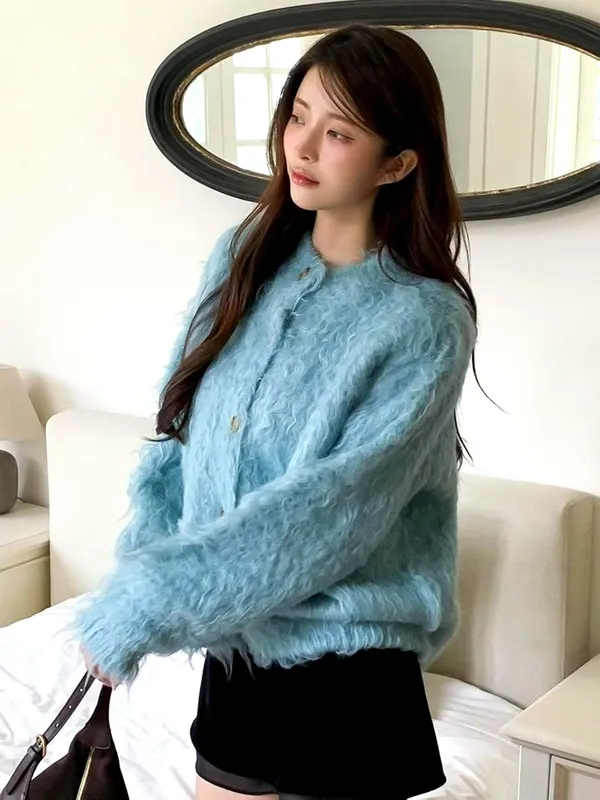 溫柔淑女風毛絨開衫，清新藍色，舒適百搭
