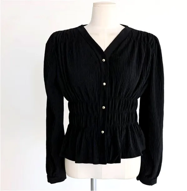 Elegant Black Women's Top with Ruffle Design for a Slimming Look