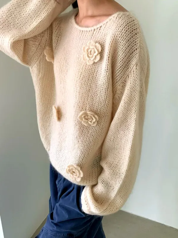 Sweet Floral Decor Knit Sweater - Soft and Comfortable, Perfect Match