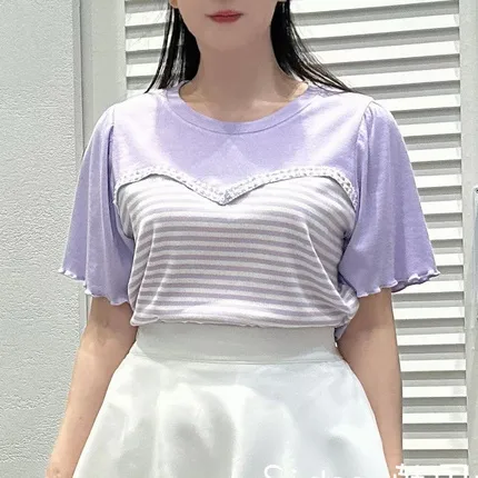Purple Striped Color-Block Short Sleeve T-Shirt - Fashionable Casual Style