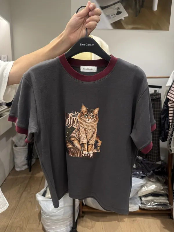 Cute Cat Pattern Short Sleeve T-Shirt, Fashionable and Casual Style