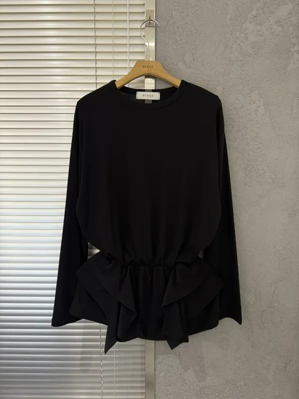 Stylish Black Long Sleeve Top with Waist Design - Elegance Redefined
