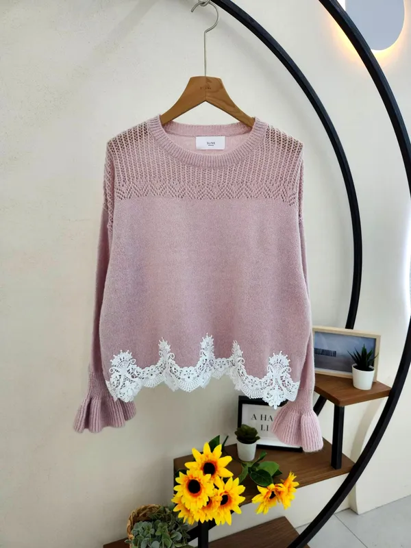 Elegant Lace Trim Knitted Sweater, Soft and Comfortable, Perfect Match