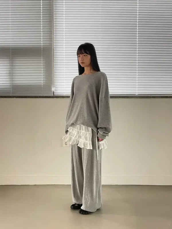 Stylish Gray Long Sleeve Hoodie and Lace Trim Loose Pants Set
