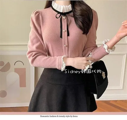Elegant Lace Collar Button Long Sleeve Top