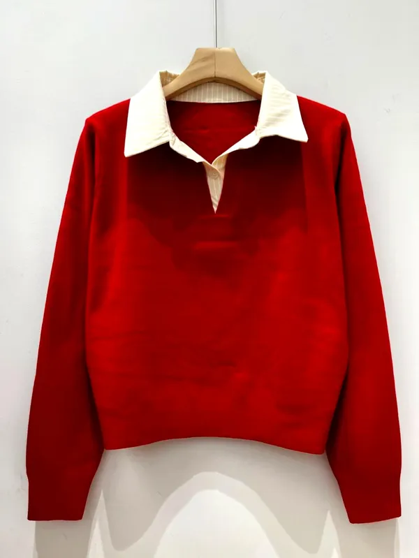 Stylish Red Sweater with Elegant Lapel Design