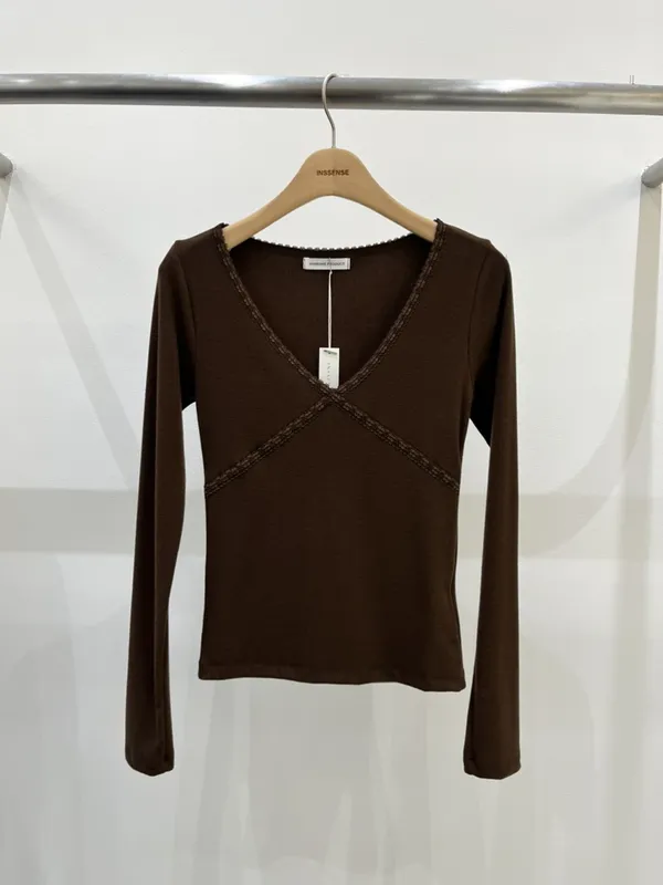 Elegant Fitted Long Sleeve Top in Deep Coffee Color