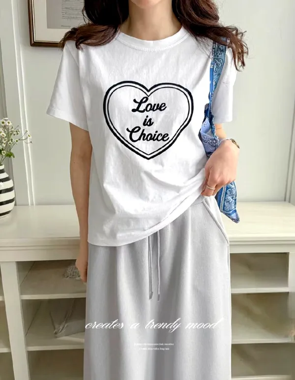 Heart Print Short Sleeve T-Shirt, Comfortable and Versatile