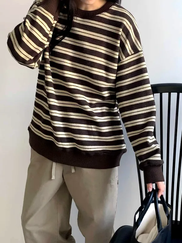 Striped Design Loose Sweatshirt, Comfortable and Stylish