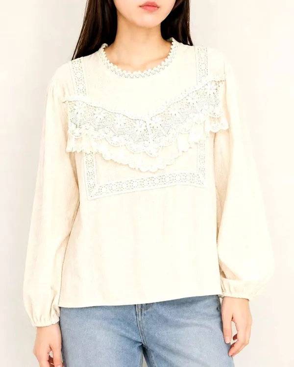 Lace Trim Long Sleeve Women's Top - Elegant and Comfortable