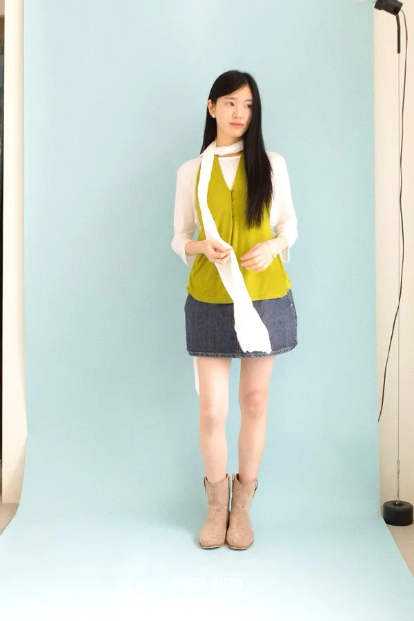 Stylish Casual Denim Skirt Paired with Fresh Green Top