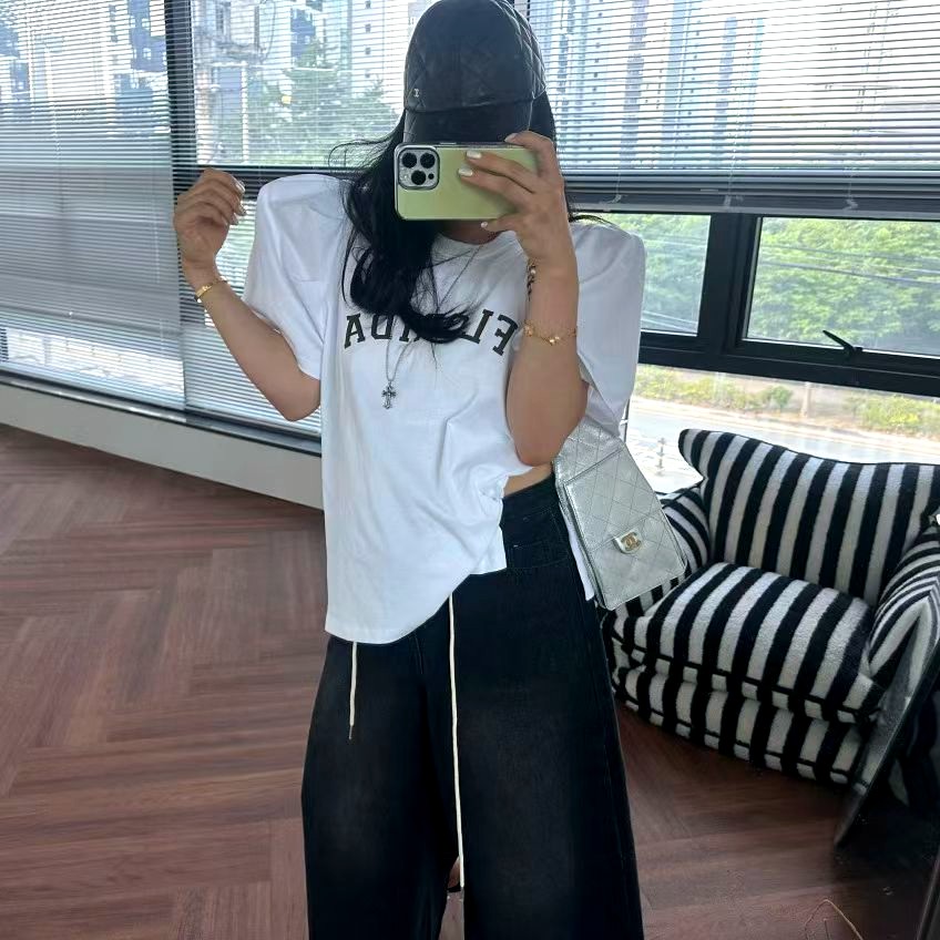 패셔너블 캐주얼 레터 프린트 반팔 상의