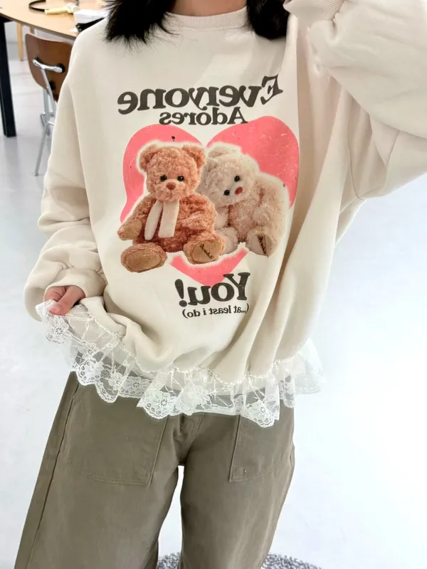 เสื้อยืดลายแพนด้าน่ารักพร้อมขอบลูกไม้, สไตล์สบายๆหวานๆ