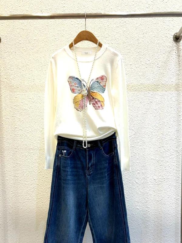 Elegant Butterfly Embroidered Long Sleeve Top