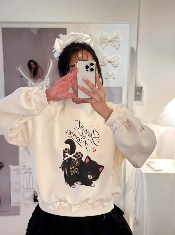 可愛貓咪印花衛衣，甜美風格，舒適百搭