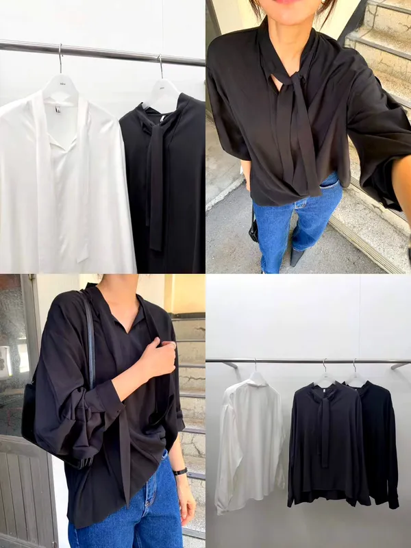 Elegant temperament women's shirt, classic black and white combination.