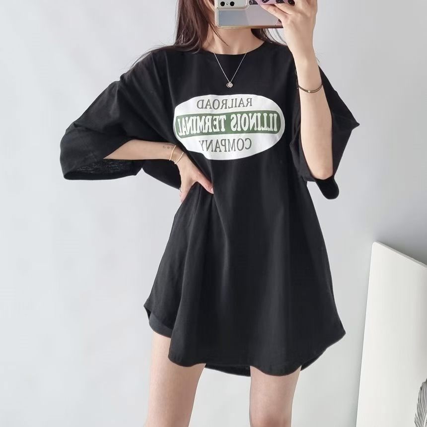 T-Shirt Hitam Cetak Longgar, Keperluan Bergaya Kasual