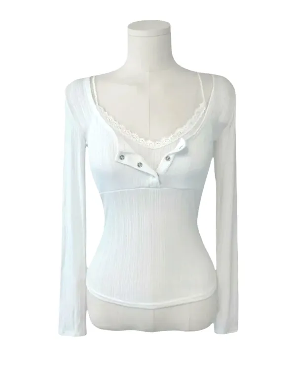 Elegant Lace Trimmed Long Sleeve Top