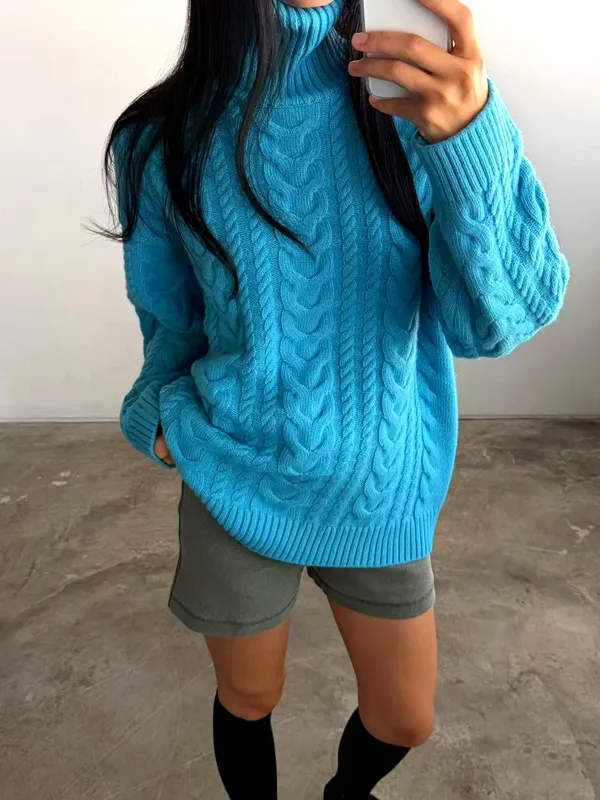Fashionable Loose Knit Sweater, Cozy Blue Knitted Top