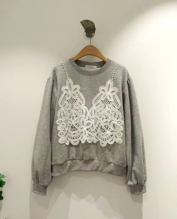 Elegant Lace-Trimmed Sweatshirt, Comfortable and Stylish