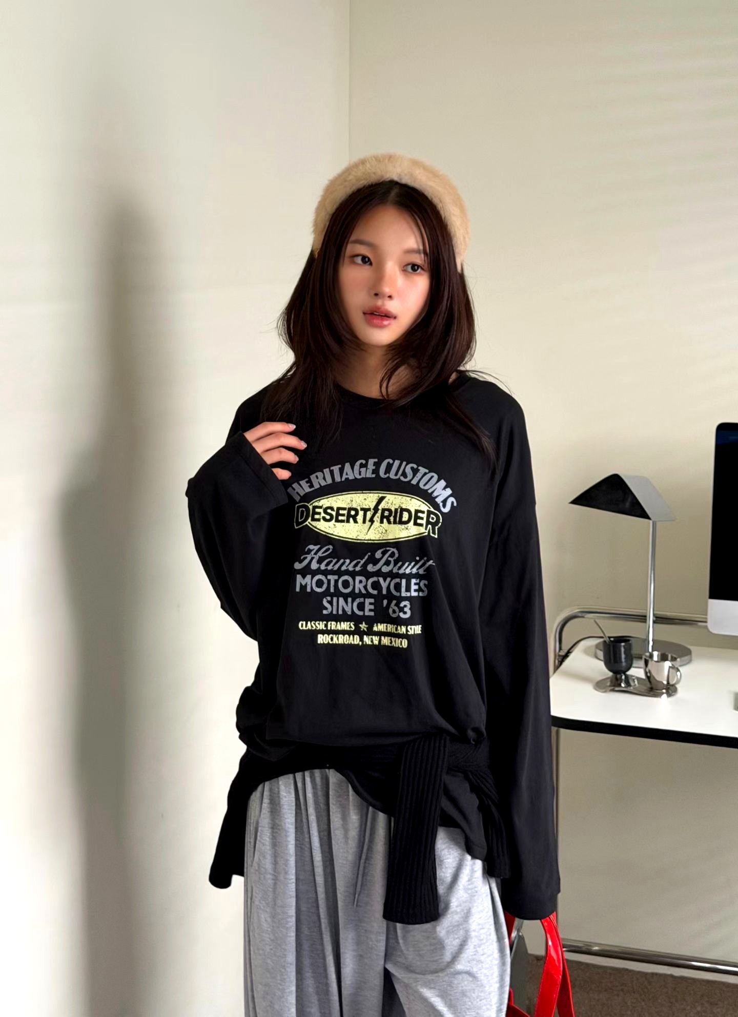 클래식 모터사이클 프린트 긴팔 티셔츠, 편안한 캐주얼 스타일