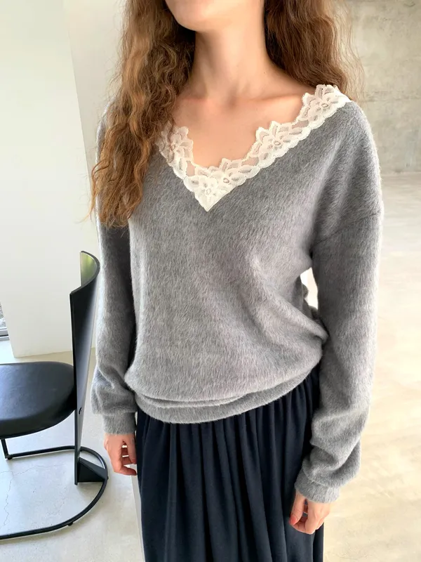 Elegant Lace Collar Gray Women's Sweater