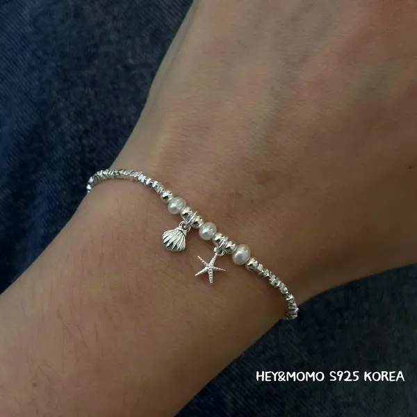 สร้อยข้อมือสไตล์เกาหลี 925 เงินแท้ องค์ประกอบทะเล ตกแต่งด้วยมุก สวยงาม สร้อยข้อมือ