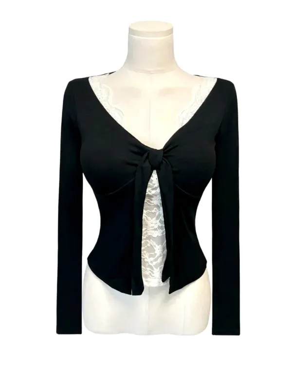 Stylish Black Women's Top with Lace Patchwork Design