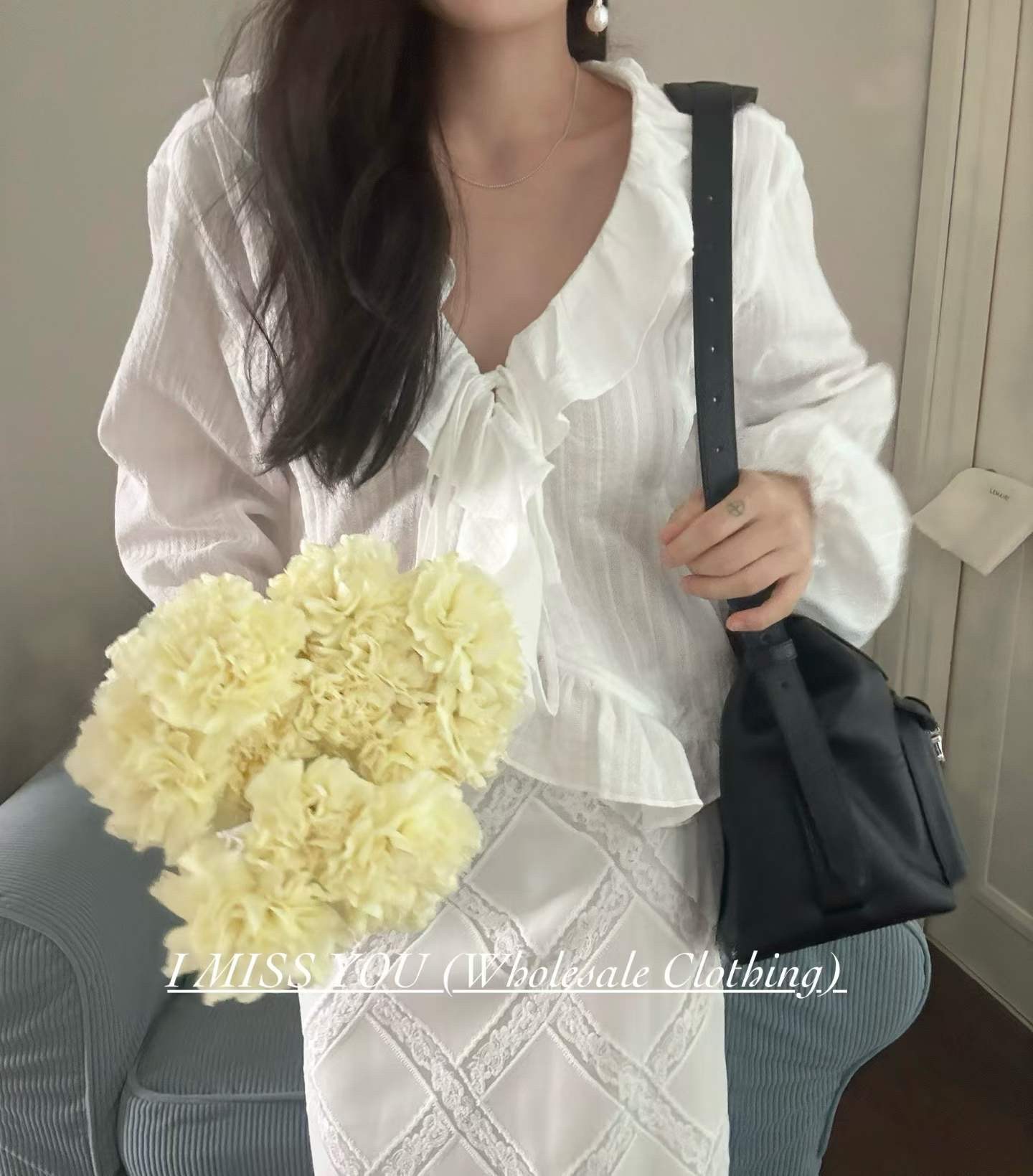 우아한 레이스 트림 리본 여성 탑