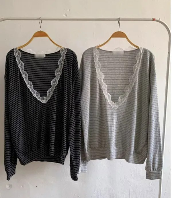 Kemeja Wanita Lace Trim Bergaris - Gaya Santai yang Selesa