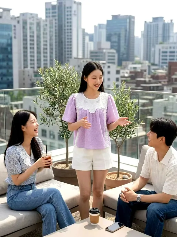 상큼한 보라색 레이스 트리밍 반팔 탑, 우아하고 패셔너블