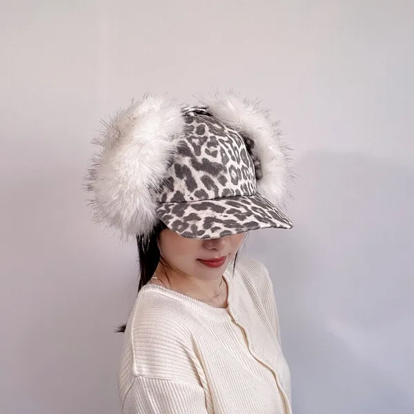 時尚豹紋女裝毛絨帽