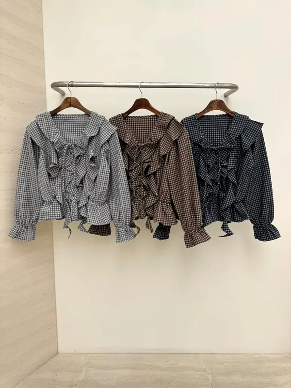 Chic Plaid Women's Top with Elegant Ruffle Design