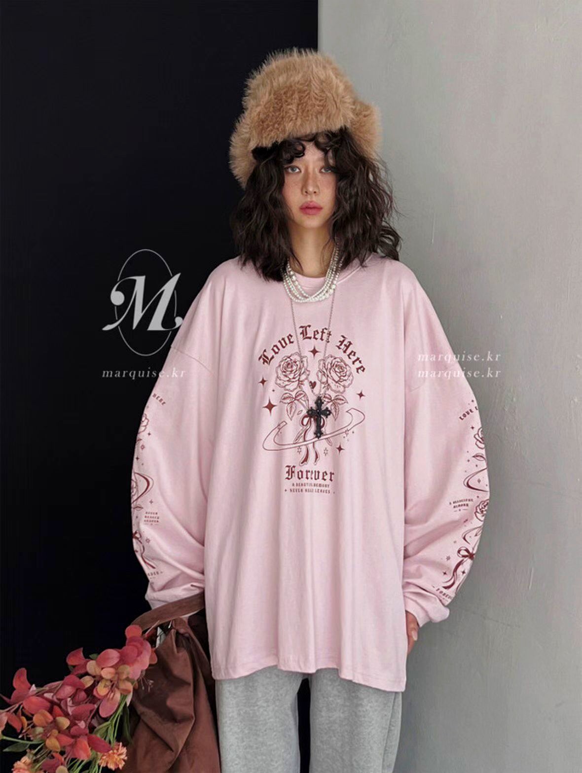 달콤한 핑크 꽃무늬 긴팔 상의 - 패셔너블하고 편안함