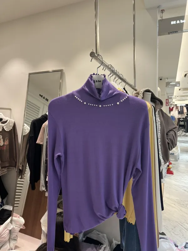 Purple Sequined High Neck Long Sleeve Top