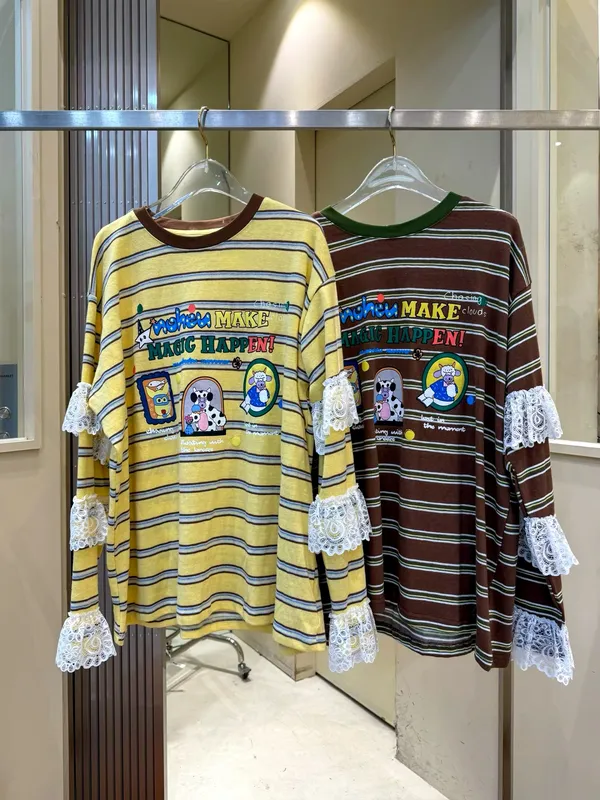 Cute Striped Lace Sleeve Women's Top