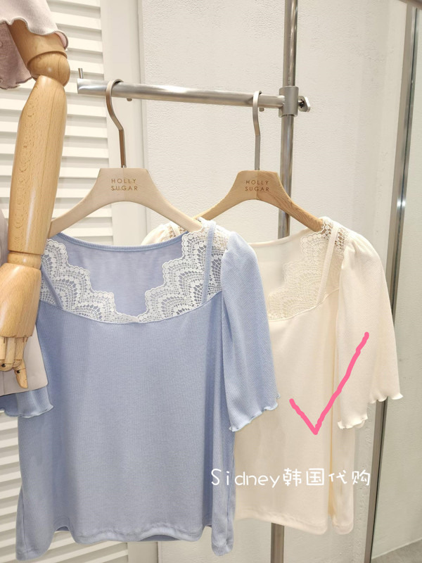 Lace-Panel Short Sleeve Top, Fresh and Elegant