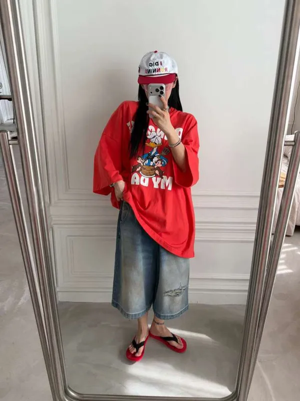 Cartoon Print Loose T-Shirt, Fashionable Casual Style