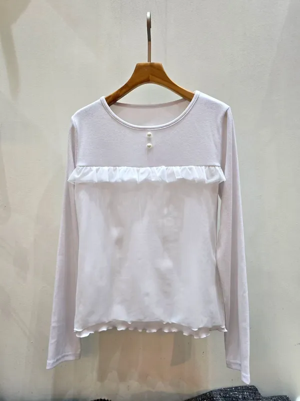 Elegant Lace-Panel Long Sleeve T-Shirt in Fresh White