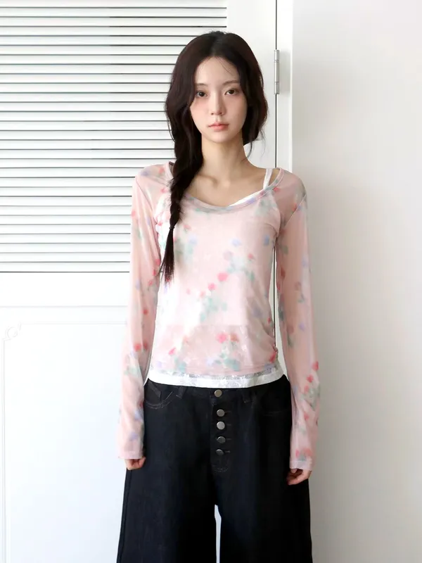 Fresh Floral Print Long Sleeve T-Shirt, Lightweight and Breathable, Perfect for Spring and Summer