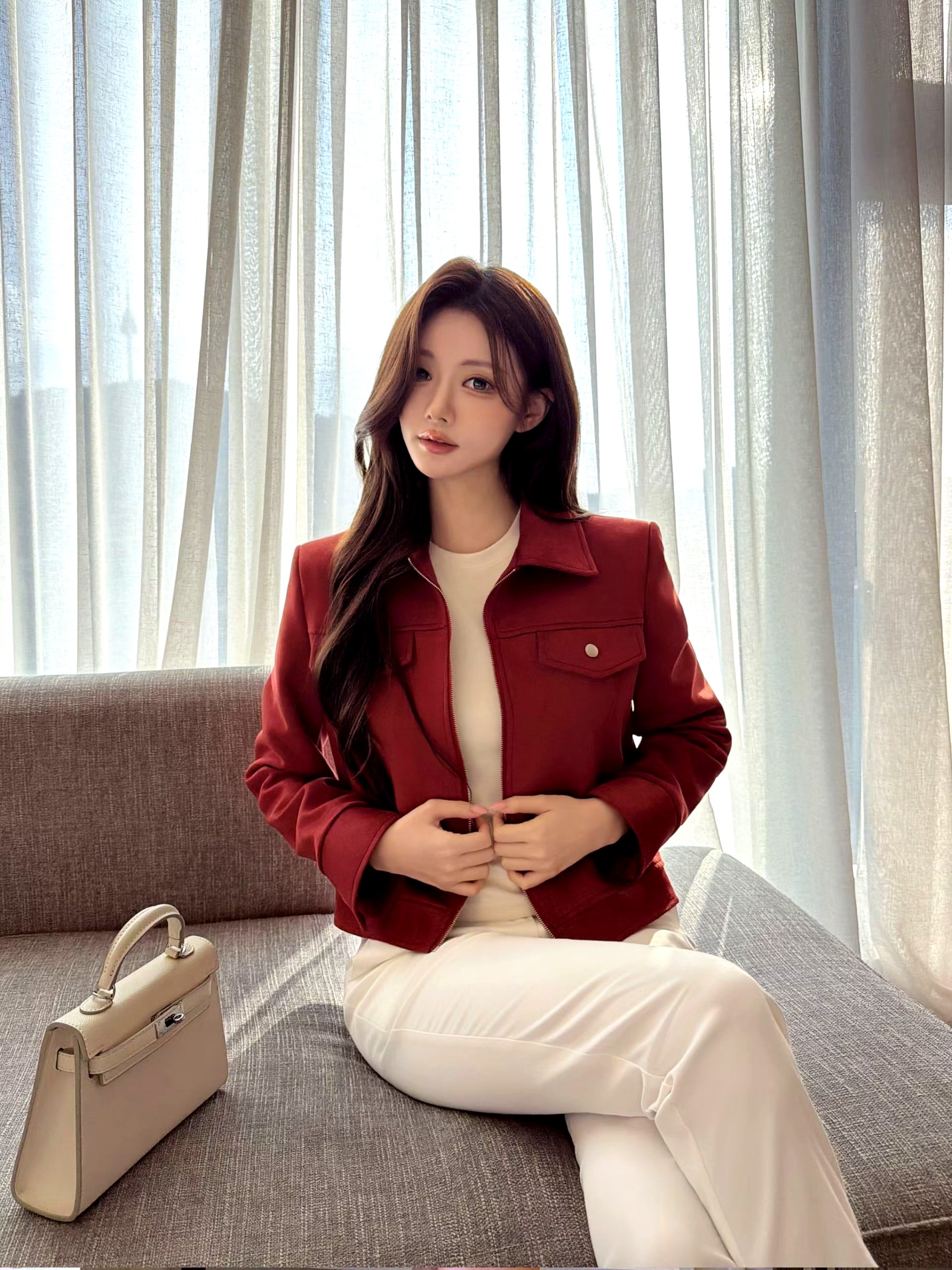 스타일리시한 레드 여성 재킷, 우아한 슬림 핏 디자인