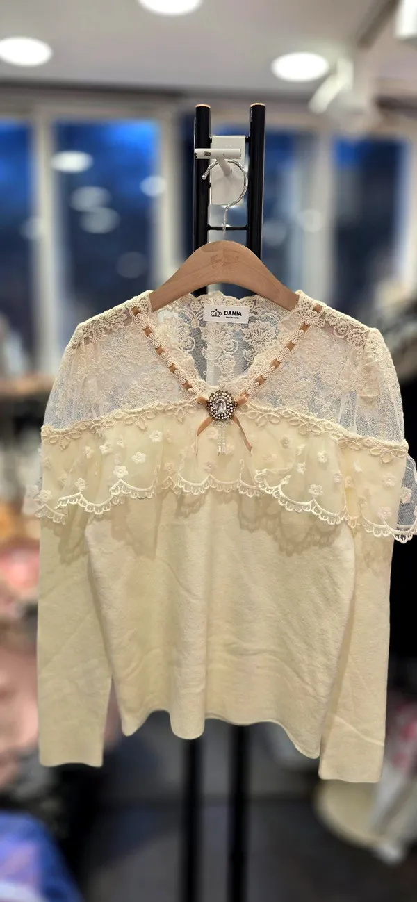 Elegant Lace-Trimmed Knit Sweater, Sweet Style