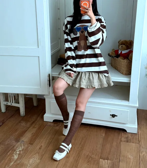 Cute Striped Bear Pattern Top, Comfortable Casual Style
