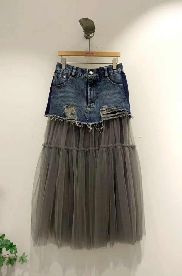 Trendy Denim Midi Skirt with Lightweight Tulle Overlay