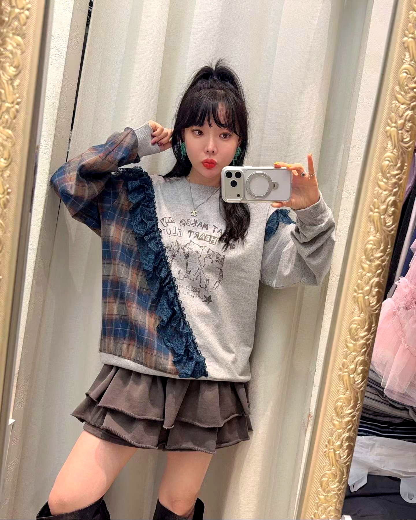 개성 있는 패치워크 디자인 후드티, 패셔너블한 캐주얼 스타일
