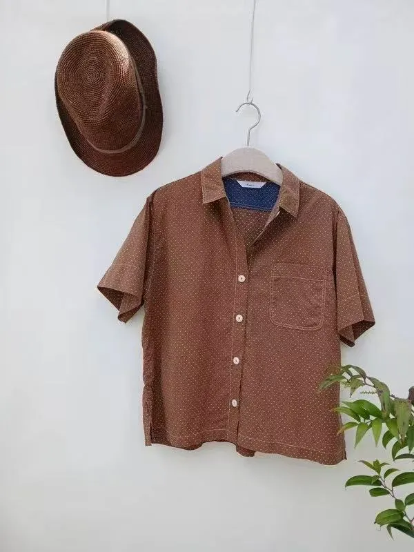 Vintage Style Short Sleeve Shirt with Brown Polka Dots