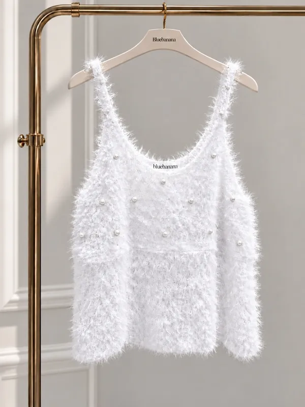 Elegant Pearl-Embellished Plush Cami Top