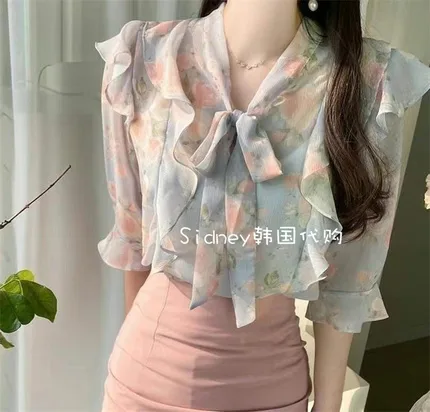 Fresh Floral Tie-Up Shirt, Elegant and Breathable