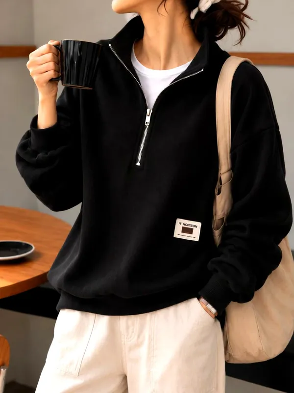 Stylish Casual Black Zip-Up Top, Comfortable and Versatile